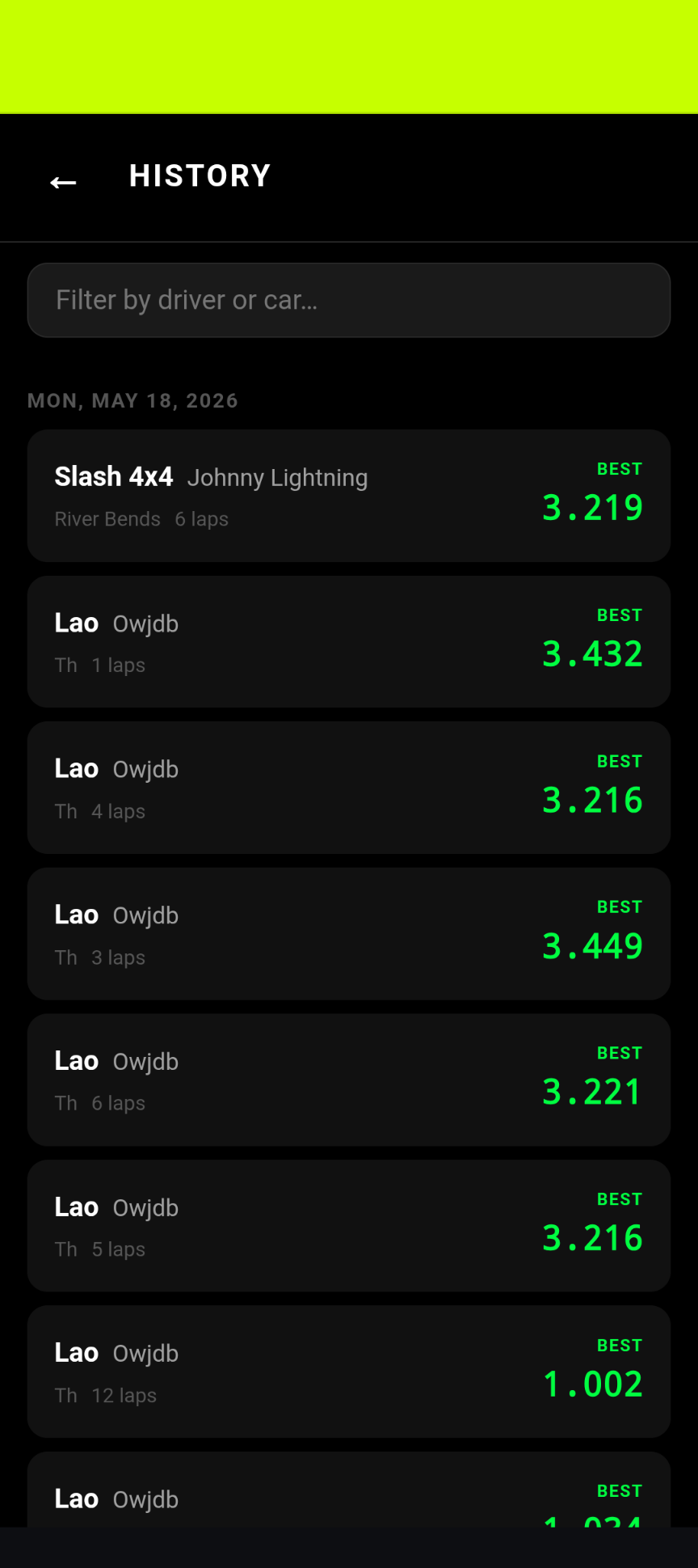LapTrack history screen showing a list of past sessions with best-lap times highlighted in Electric Lime