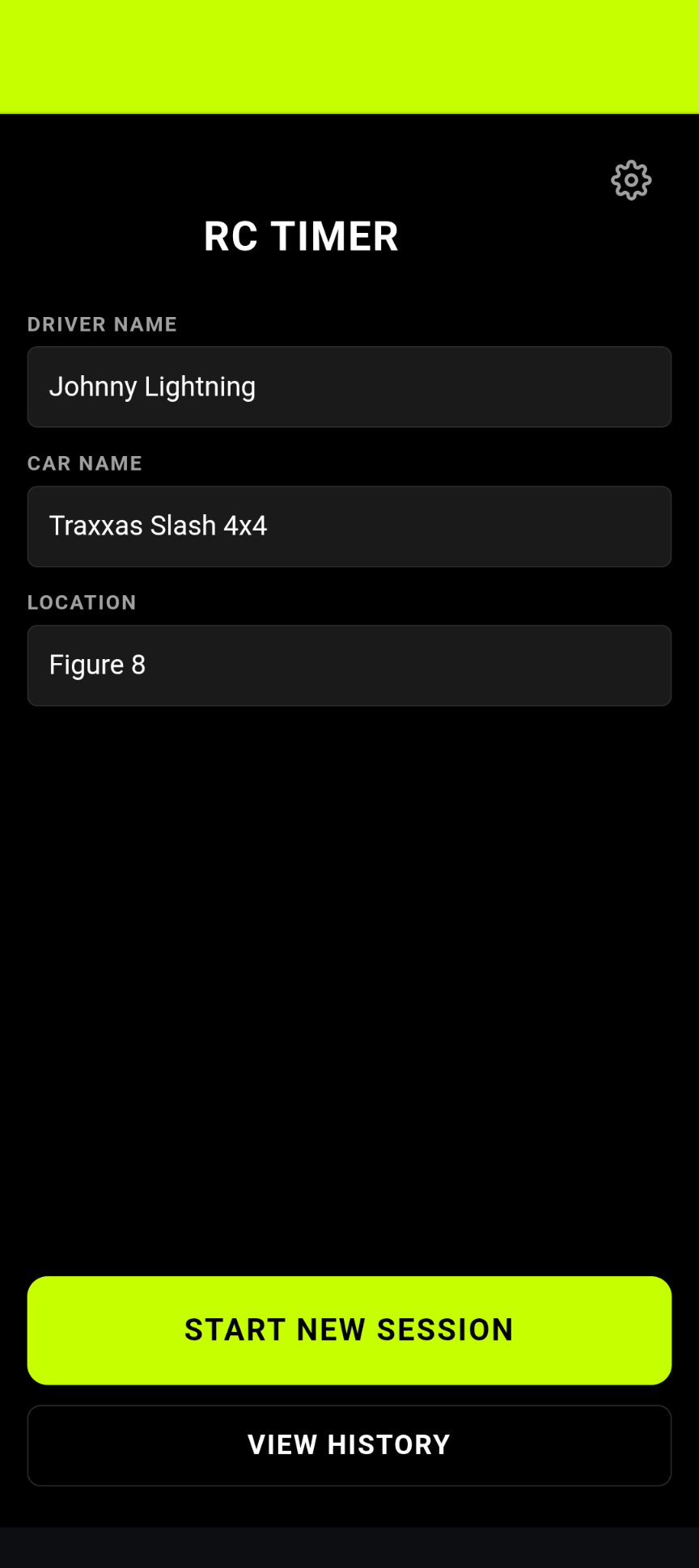 LapTrack home screen showing the start session button and app branding